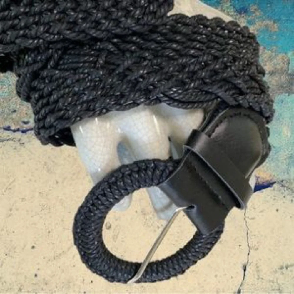 BLACK CROCHET WOVEN LEATHER JUTE BELT WIDE M/L